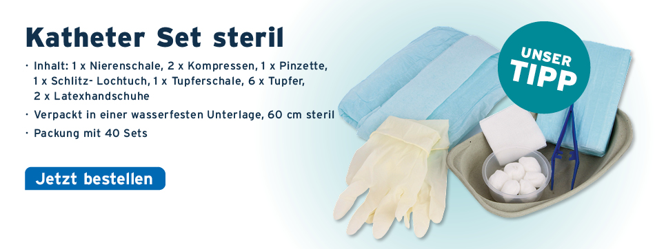 Inhalt: 1 x Nierenschale, 2 x Kompressen, 1 x Pinzette, 1 x Schlitz-Lochtuch, 1 x Tupferschale, 6 x Tupfer, 2 x Latexhandschuhe, verpackt in einer wasserfesten Unterlage 60 cm steril, Packung mit 40 Sets, Katheter Set steril