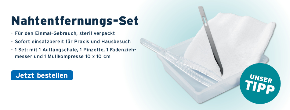 Für den Einmal-Gebrauch, steril verpackt, sofort einsatzbereit für Praxis und Hausbesuch, 1 Set: mit 1 Auffangschale, 1 Pinzette, 1 Fadenziehmesser und 1 Mullkompresse 10 x 10 cm, Nahtentfernungs-Set