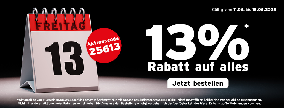 Freitag der 13. - 13 % Rabatt auf alles, Aktion gueltig vom 11.06. bis 15.06.2025 auf das gesamte Sortiment, Aktionscode: 25613