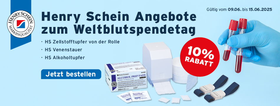 Henry Schein Angebote zum Weltblutspendetag: HS Zellstofftupfer von der Rolle, HS Venenstauer, HS Alkoholtupfer