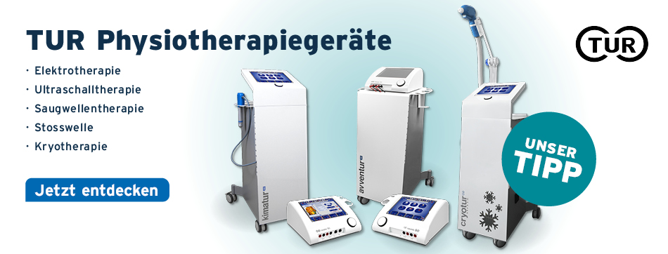 TUR Physiotherapiegeraete, Elektrotherapie, Ultraschalltherapie, Saugwellentherapie, Stosswelle, Kryotherapie