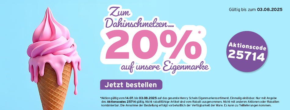 Zum Dahinschmelzen 20 %* auf unsere Eigenmarke - Aktion gültig vom 14.07. bis 03.08.2025 auf das gesamte Henry Schein Eigenmarkensortiment - Aktionscode: 25714