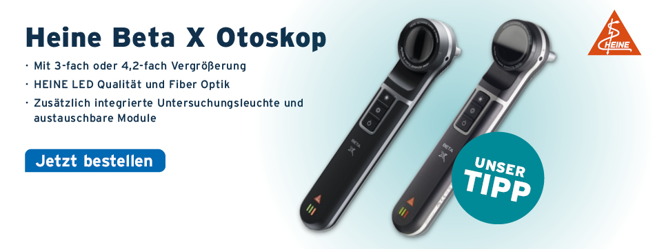 Mit 3-fach oder 4,2-fach Vergroeßerung, HEINE LED Qualitaet und Fiber Optik, zusaetzlich integrierte Untersuchungsleuchte und austauschbare Module, Heine, Beta X Otoskop