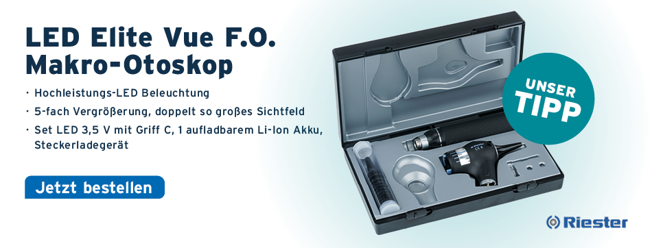 Hochleistungs-LED Beleuchtung, 5-fach Vergrößerung, doppelt so großes Sichtfeld, Set LED 3,5 V mit Griff C, 1 aufladbarem Li-Ion Akku, Steckerladegerät, Riester LED Elite Vue F.O. Makro-Otoskop