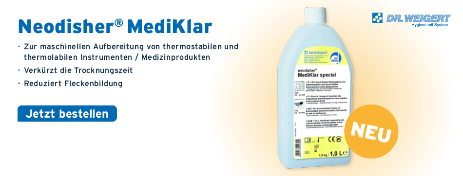 Zur maschinellen Aufbereitung von thermostabilen und thermolabilen Instrumenten / Medizinprodukten, Verkürzt die Trocknungszeit, Reduziert Fleckenbildung, Dr. Weigert, Neodisher MediKlar