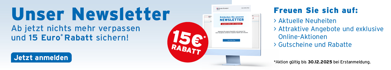Jetzt anmelden und 15 Euro* Rabatt sichern! Aktion gueltig bis 30.12.2025 bei Erstanmeldung zum Henry Schein Newsletter