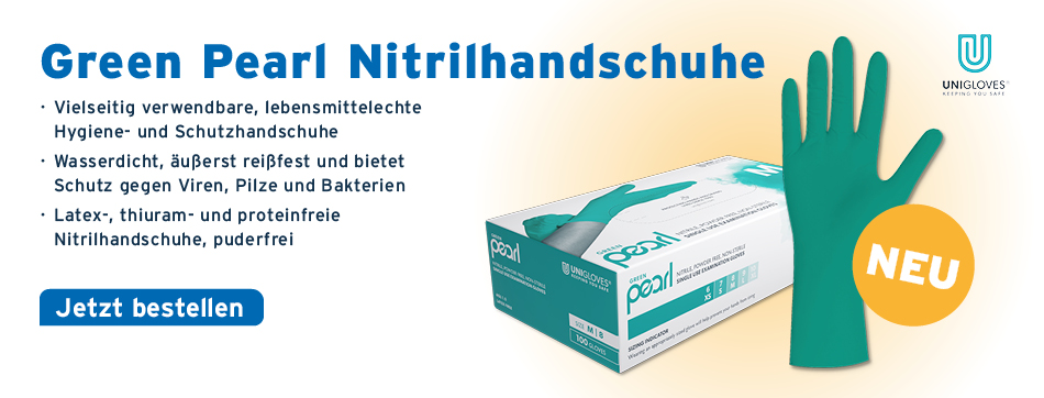 vielseitig verwendbare, lebensmittelechte Hygiene- und Schutzhandschuhe; wasserdicht, reißfest und bietet Schutz gegen Viren, Pilze und Bakterien; latex- , thiuram- und proteinfreie Nitrilhandschuhe, puderfrei; Unigloves, Green Pearl Nitrilhandschuhe