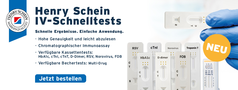 Henry Schein, IV-Schnelltests, Schnelle Ergebnisse. Einfache Anwendung. hohe Genauigkeit und leicht abzulesen, chromatographischer Immunassay, Verfuegbare Kassettentests: HbA1c, cTnI, cTnT, D-Dimer, RSV, Norovirus