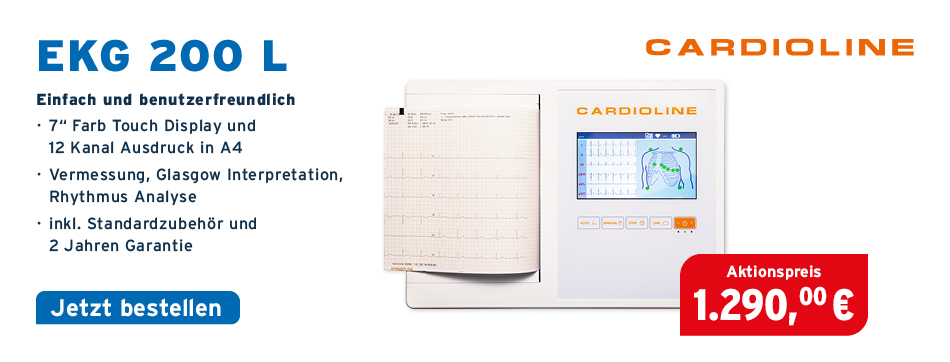 Einfach und benutzerfreundlich, 7 Farb Touch Display und 12 Kanal Ausdruck in A4, Vermessung, Glasgow Interpretation, Rhythmus Analyse, inkl. Standardzubehoer und 2 Jahren Garantie, Cardioline, EKG 200 L