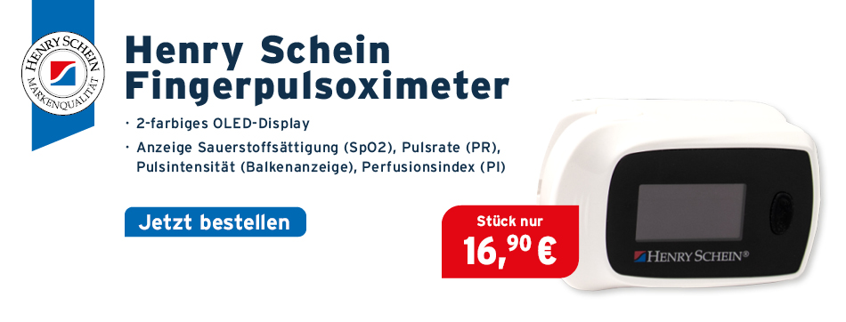 2-farbiges OLED-Display, Anzeige Sauerstoffsaettigung (SpO2), Pulsrate (PR), Pulsintensitaet (Balkenanzeige), Perfusionsindex (PI), Henry Schein Fingerpulsoximeter