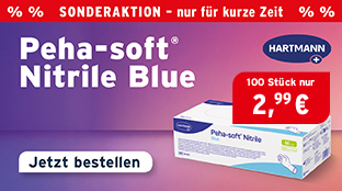 Dreifach qualifiziert, MDR Klasse I, PSA Kategorie III, für Lebensmittelkontakt, aus blauem latexfreien Nitrilkautschuh, peha soft nitrile blue, hartmann, puderfrei, latexfrei, untersuchungshandschuh