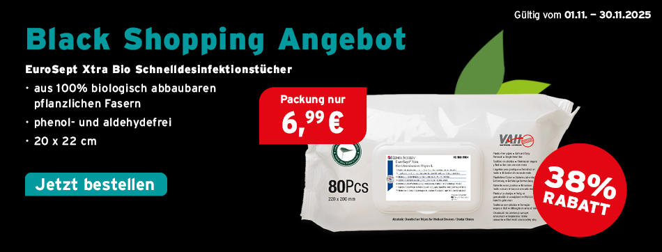 Black Shopping Angebot - EuroSept Xtra Bio Schnelldesinfektionstuecher, aus 100% biologisch abbaubaren pflanzlichen Fasern, phenol- und aldehydefrei, 20 x 22 cm, Packung nur € 6,99