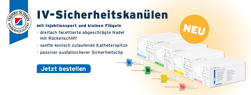 dreifach facettierte abgeschraegte Nadel mit Rueckenschliff, sanfte konisch zulaufende Katheterspitze, passiver ausfallsicherer Sicherheitsclip, Henry Schein, IV-Sicherheitskanuelen