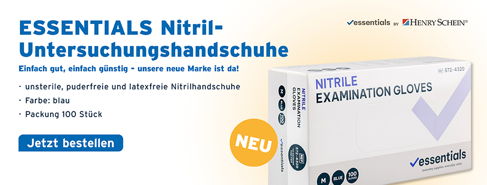 ESSENTIALS Nitril-Untersuchungshandschuhe, Essentials by Henry Schein, Einfach gut, einfach guenstig - unsere neue Marke ist da! unsterile, puderfreie und latexfreie Nitrilhandschuhe, Farbe: blau, Packung 100 Stueck