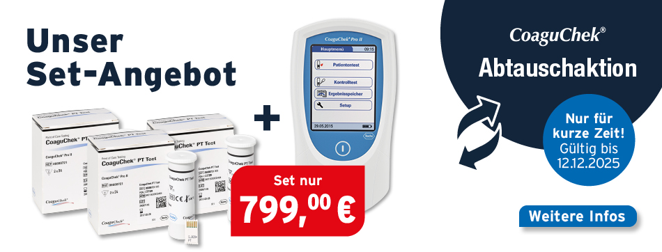 CoaguChek Abtauschaktion: Unser Set-Angebot: CoaguChek® Pro II System + 3x CoaguChek® PT Tests à 48 Teststreifen, Set-Preis nur 799 Euro, Aktion gueltig bis 12.12.2025
