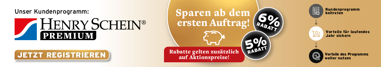 Sparen ab dem ersten Auftrag, zusaetzlich zu unseren Aktionspreisen 5 % Rabatt auf das gesamte Sortiment und 6 % Rabatt auf das Henry Schein Eigenmarkensortiment, henry schein