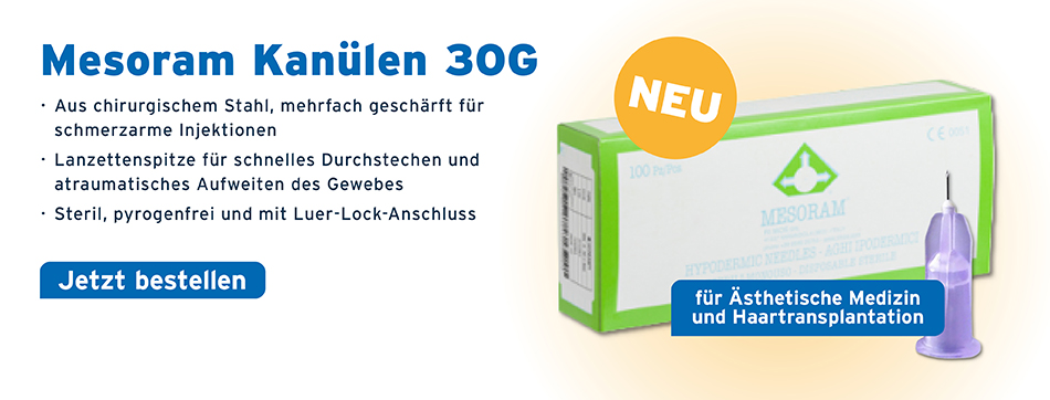 Mesoram Kanuelen 30 G, aus chirurgischem Stahl, mehrfach geschaerft für schmerzarme Injektionen, Lanzettenspitze für schnelles Durchstechen und atraumatisches Aufweiten des Gewebes, steril, pyrogenfrei und mit Luer-Lock-Anschluss, fuer aesthetische Medizin und Haartransplantationen