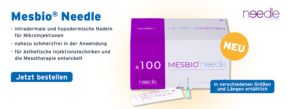 Mesbio Needle, needle concept, intradermale und hypodermische Nadeln für Mikroinjektionen, nahezu schmerzfrei in der Anwendung, für aesthetische Injektionstechniken und die Mesotherapie entwickelt, in verschiedenen Groeßen und Längen erhaeltlich