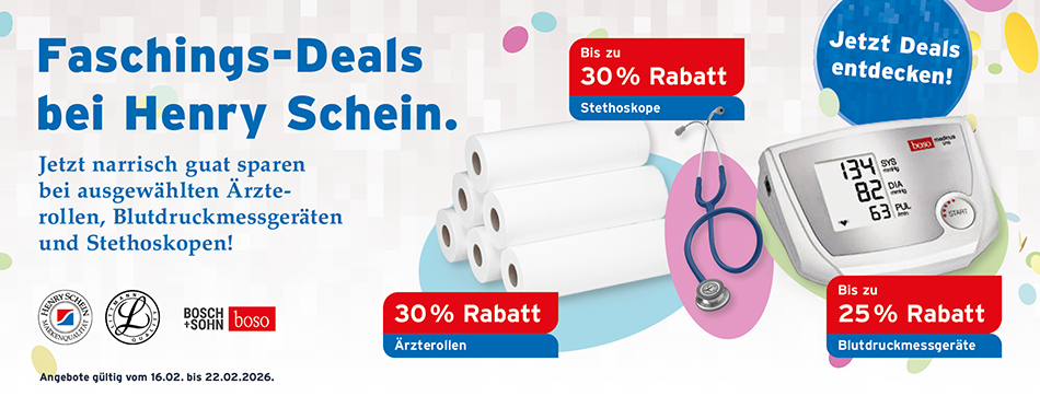 Faschings-Deals bei Henry Schein, jetzt narrisch guat sparen bei ausgewaehlten aerzterollen, Blutdruckmessgeraeten und Stethoskopen