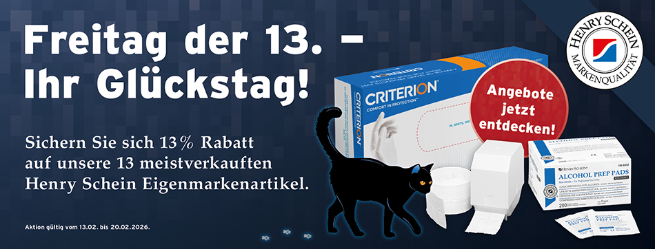 Freitag, der 13, Ihr Glueckstag! Sichern Sie sich 13 % Rabatt auf unsere 13 meistverkauften Henry Schein Eigenmarkenprodukte