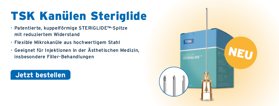 TSK Kanuelen Steriglide, patentierte, kuppelförmige STERIGLIDE™-Spitze mit reduziertem Widerstand, flexible Mikrokanuele aus hochwertigem Stahl, geeignet für Injektionen in der aesthetischen Medizin, insbesondere Filler-Behandlungen