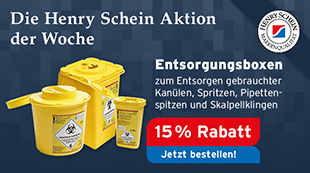 Die Henry Schein Aktion der Woche: Henry Schein Entsorgungsboxen, zum Entsorgen gebrauchter Kanülen, Spritzen, Pipettenspitzen und Skalpellklingen