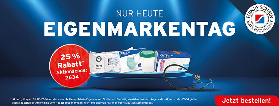 Heute ist Eigenmarkentag - Mittwoch, 4. Maerz 2026, 25 % Rabatt auf das gesamte Henry Schein Eigenmarkensortiment. Aktionscode: 2634